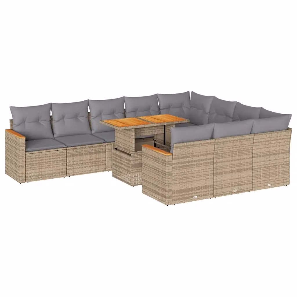 Set di Divani da Giardino a L vidaXL in Polyrattan e Legno di Acacia con Cuscini Beige e Grigio, 11 Pezzi – 2