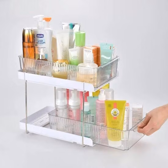 Organizzatore per contenitori con cerniera e ante scorrevoli a 2 livelli in plastica bianca
