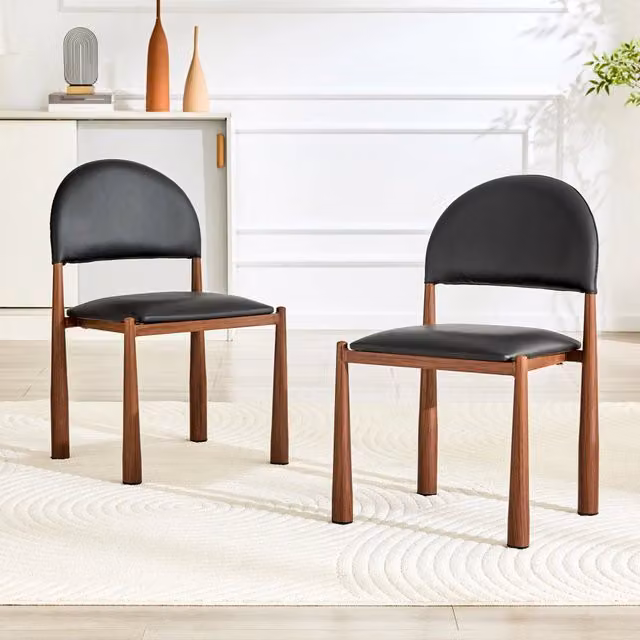 Set di 2 sedie da pranzo OKWISH imbottite in ecopelle nera con schienale ergonomico e gambe in metallo, Altezza: 80 cm