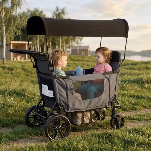 Giroletto Pieghevole Minimal per Bambini Grigio Scuro con Tetto Solare e Ruote PU