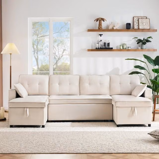 Divano Letto U-Shape Xylo Beige con Contenitore, Portabicchieri e Cuscini, in Tessuto con Struttura in Metallo