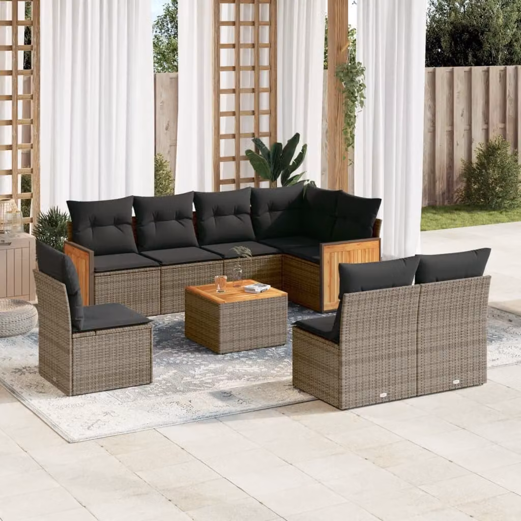 vidaXL Set Divano da Giardino a L 9 pz con Tavolino e Cuscini Grigio in Polyrattan e Acciaio – 1
