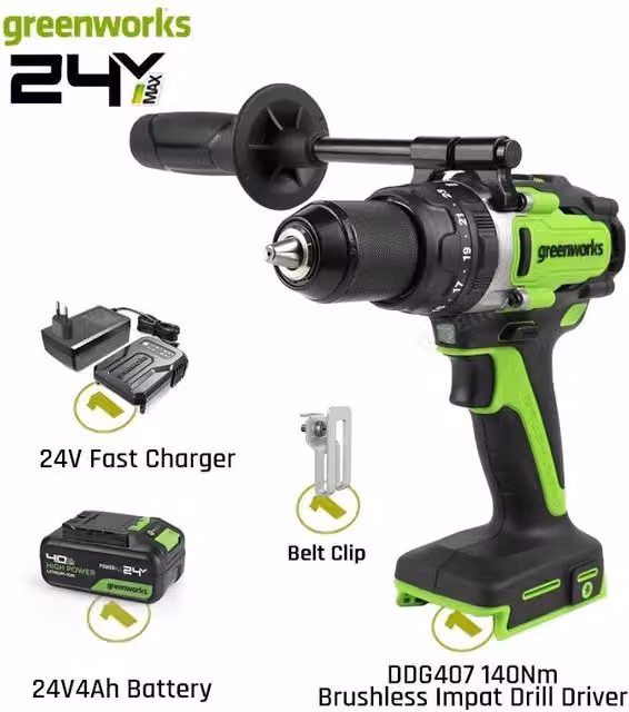 Trapano avvitatore a percussione senza fili Greenworks DDG407 verde con batteria da 4 Ah inclusa e coppia massima di 140 Nm – 1