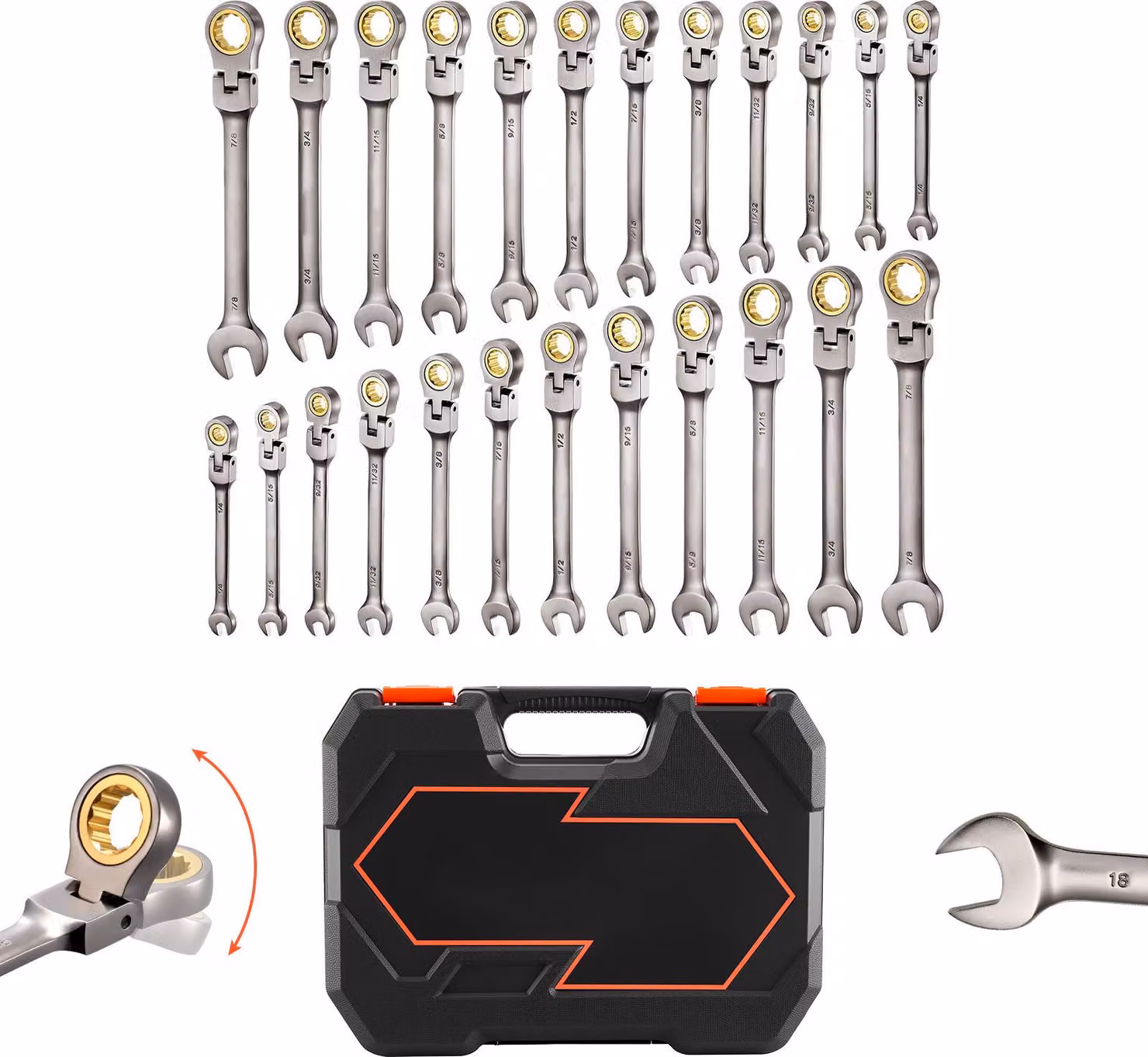 Set di chiavi a cricchetto con testa flessibile SucceBuy, 24 pezzi, metriche e SAE, 72 denti, in acciaio Cr-V con pratica valigetta, ideali per riparazioni automobilistiche, grigio-nichel