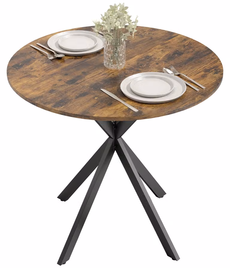 Tavolo da cucina rotondo, 80 cm, piano compatto, truciolare, metallo, marrone rustico