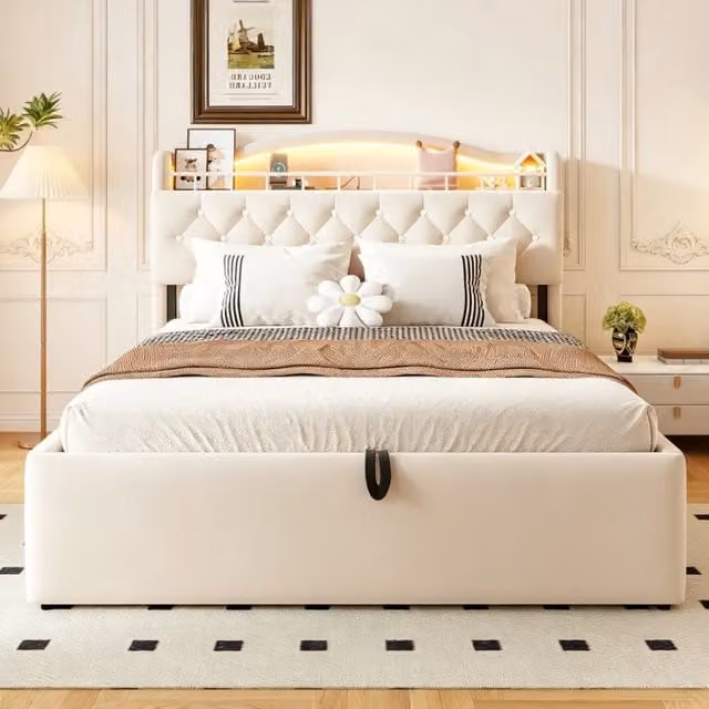 Letto contenitore imbottito in velluto 140 x 200 cm, letto matrimoniale con LED, USB, Type-C, testiera con contenitore e rete metallo, beige
