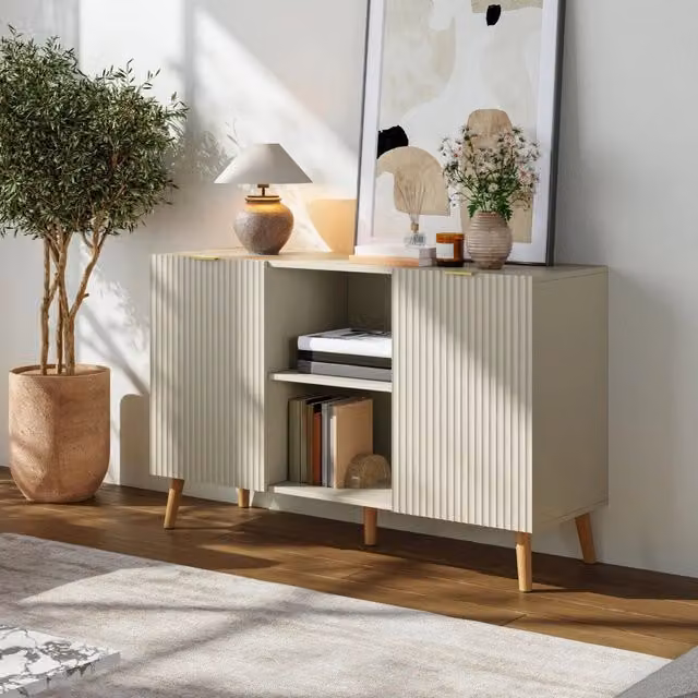 Credenza Nand Madia en.casa con 2 Ante Scanalate, Colore Beige, L 120 cm x P 40 cm x H 76 cm