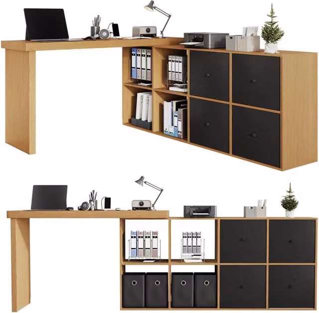 Scrivania angolare girevole 360° 120x48x78 cm in MDF nero e legno， con contenitore， 2 colli
