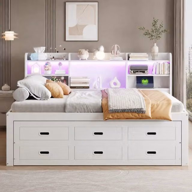 Letto Mivray con letto estraibile e 3 cassetti, illuminazione LED, porte USB e Type-C, colore bianco, L/P/H: 140 x 200 x 210 cm