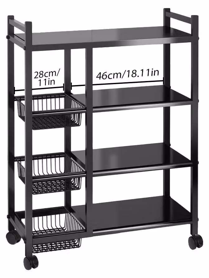 Scaffale per magazzino, design a 4 ripiani, mobile con ruote bloccabili, colore nero