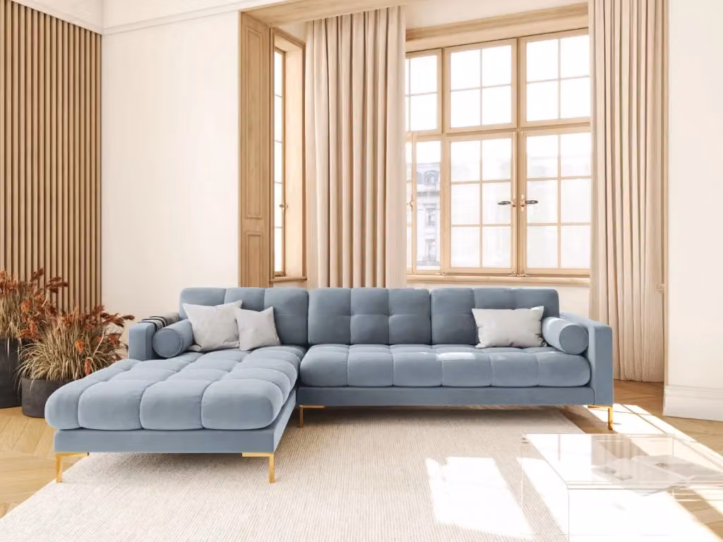 Divano angolare sinistro Bali di Cosmopolitan Design in velluto azzurro a 5 posti per il tuo living room L: 293 cm, P: 185 cm, H: 75 cm – 2