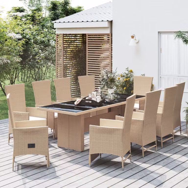 Set da pranzo da giardino vidaXL in polyrattan con cuscini beige e tavolo in legno di acacia e vetro, 11 pezzi