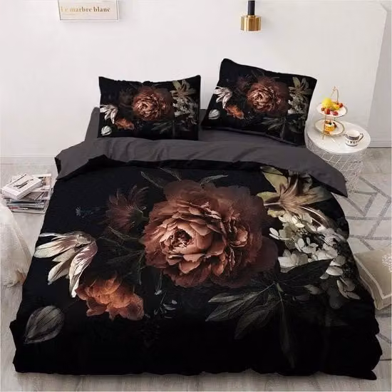 Set da letto, 135 x 200 cm, 4 pezzi di coperta da letto morbidi in microfibra e 2 cuscini 80 x 80 cm, design fiorito nero