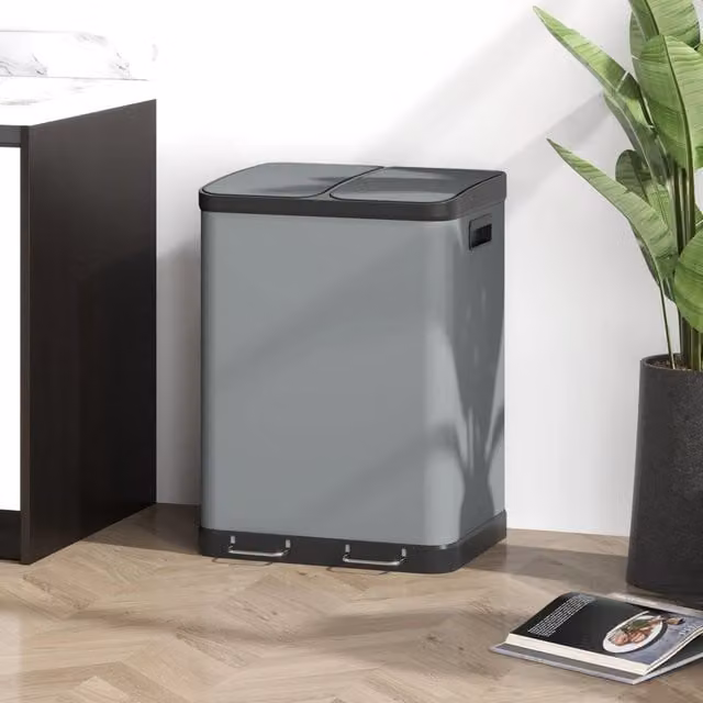 Bidone per raccolta differenziata WISHDOR in metallo grigio con pedale, 2 x 30 L, con secchi interni estraibili, chiusura soft-close e superficie anti-impronta – 1