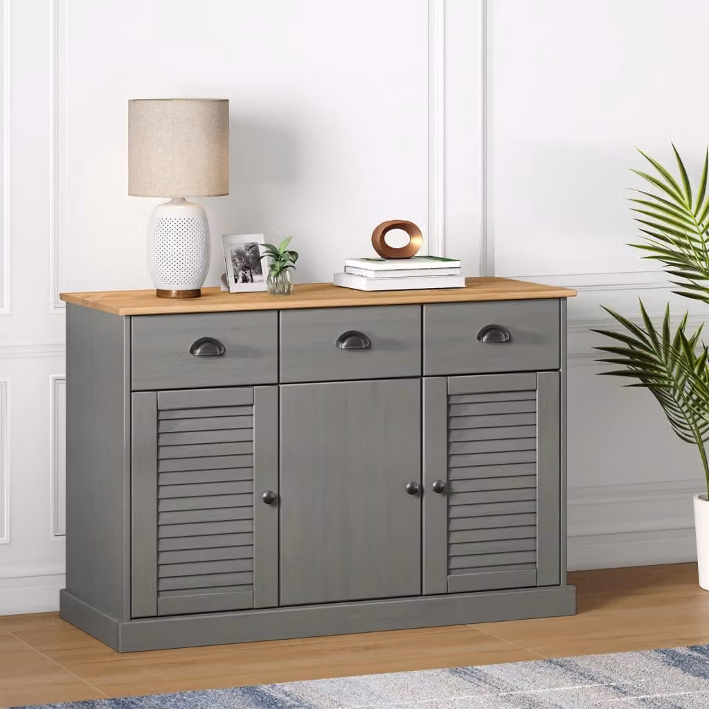 Credenza con cassetti VIGO vidaXL in legno massello di pino cerato, stile rustico, colore grigio, L 113 x P 40 x H 75 cm