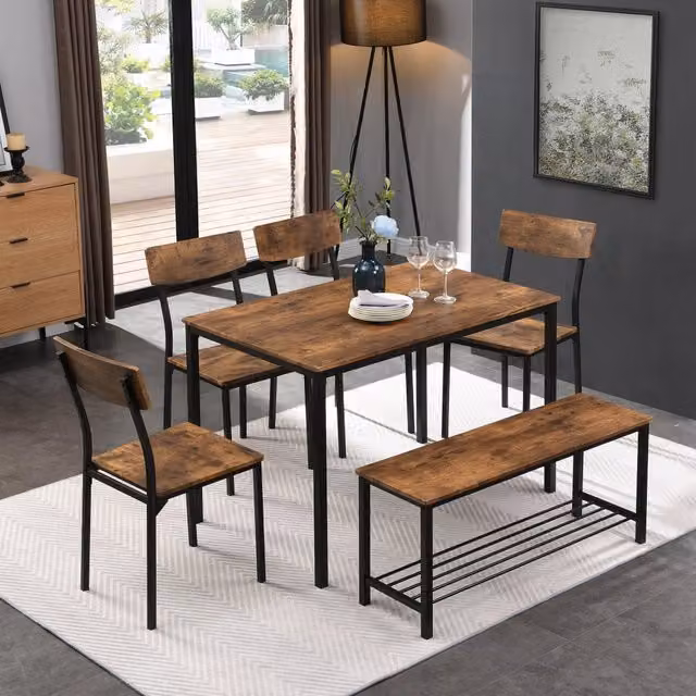 Set tavolo da pranzo con 6 sedie e panca, stile industriale, struttura in acciaio e legno, per cucina