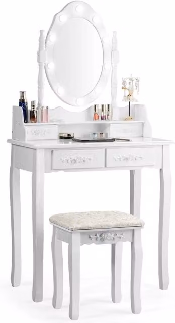 Set toeletta Costway con specchio ovale e 10 lampadine LED, scrivania da trucco classica con 4 cassetti, Bianco
