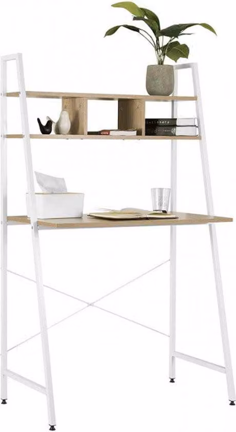 Scrivania compatta con vano portaoggetti - Scrivania per computer - Scrivania da ufficio - Adatta al lavoro e al gaming - Rovere chiaro/Bianco 84x46x140