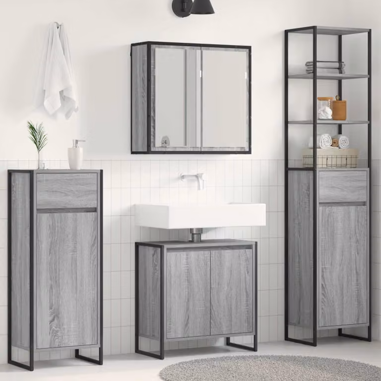 Set di mobili da bagno moderno vidaXL in grigio con mobile lavabo e armadietto con specchio