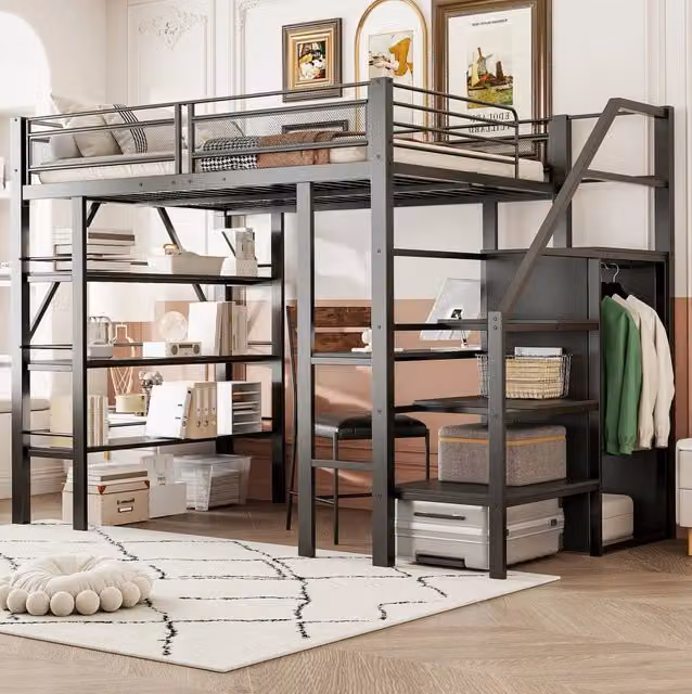 Letto a soppalco 140x200 cm nero in metallo con scrivania e armadio