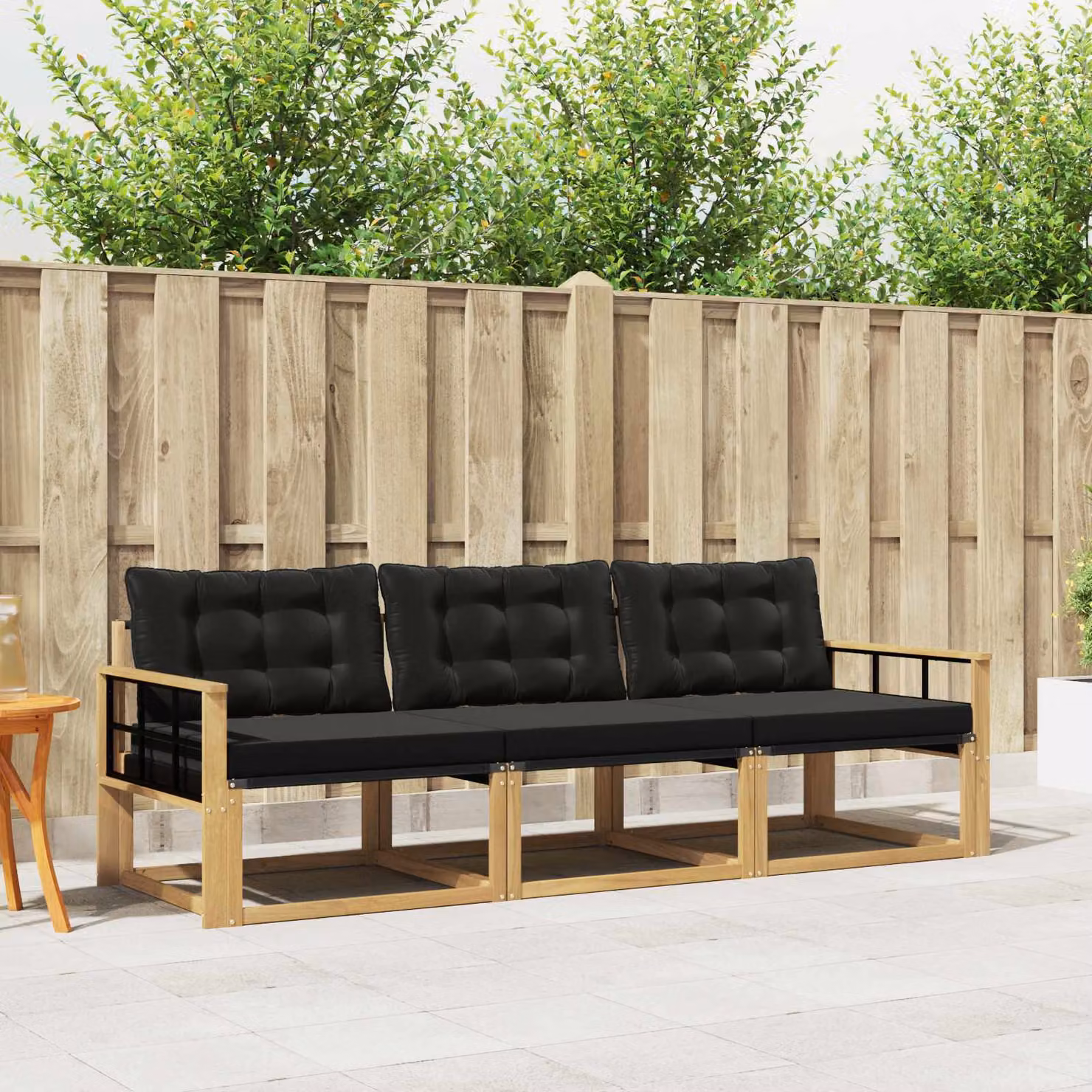Set di divani da esterno vidaXL 3 pz in legno di acacia e textilene con cuscini, Bianco, Nero e Marrone