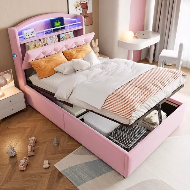 Letto imbottito singolo con contenitore LED ¨C Minimal ¨C velluto rosa 90x200 cm