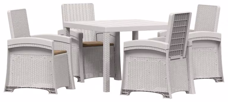 Set da pranzo per esterno, 5 pezzi, bianco e color taupe, in plastica PP