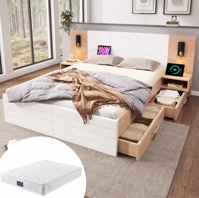 Letto matrimoniale 160 x 200 cm con cassetti, luce orientabile e ricarica USB