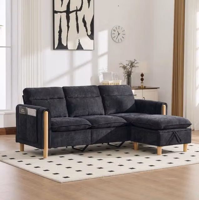 Divano angolare 3 posti in ciniglia nera con pouf contenitore HOMVRA