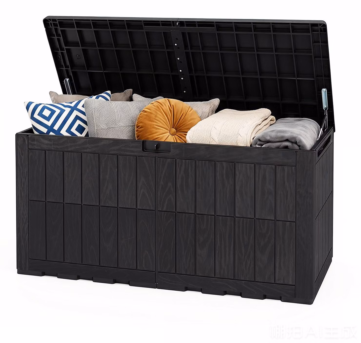KOMFOTTEU - Contenitore resistente alle intemperie da 455 litri, scatola di stoccaggio con coperchio, dotata di ammortizzatori a gas e maniglie, 2-in-1: panchina da esterno e contenitore per cuscini, attrezzi da giardino e accessori per la piscina
