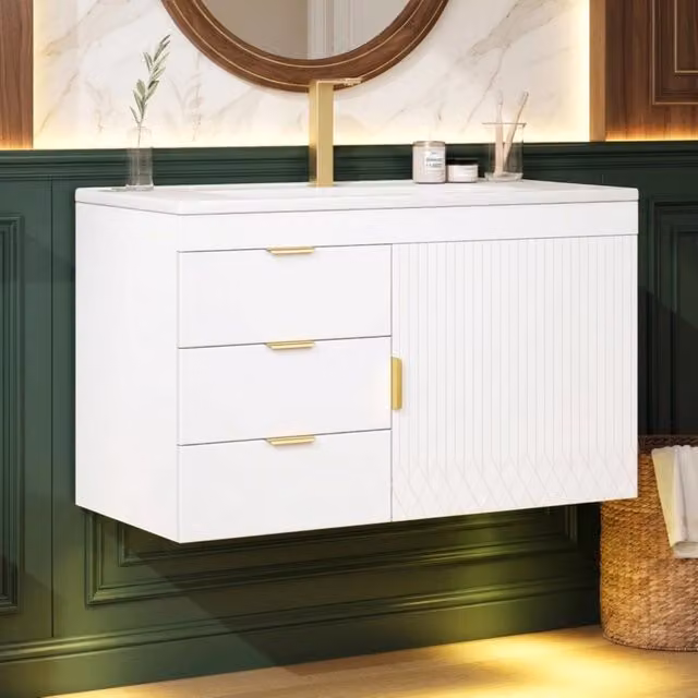 Mobile bagno sospeso 76 cm con lavabo, finitura legno bianco, LED e App, chiusura ammortizzata. Senza rubinetto