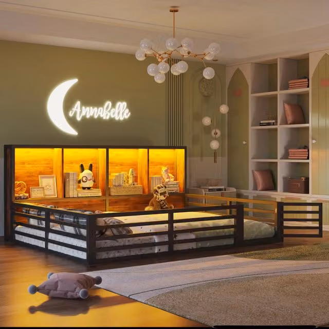 Letto per bambini 140x200 cm con rete a doghe; sponda apribile e LED; metallo e MDF nero
