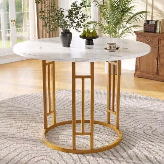 Tavolo da pranzo rotondo (80 x 80 x 76 cm), tavolo da cucina, tavolino rotondo per il soggiorno, adatto per sala da pranzo e soggiorno, gambe metalliche eleganti, piano in MDF effetto marmo, color oro