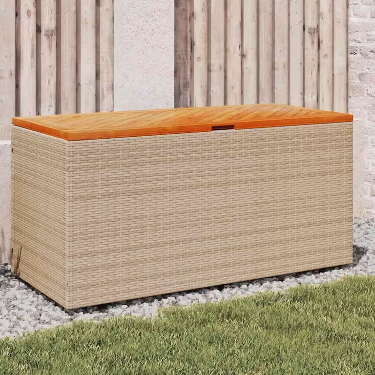 vidaXL Contenitore da Giardino in Polyrattan e Legno di Acacia Beige e Marrone L/P/H: 110 x 50 x 54 cm