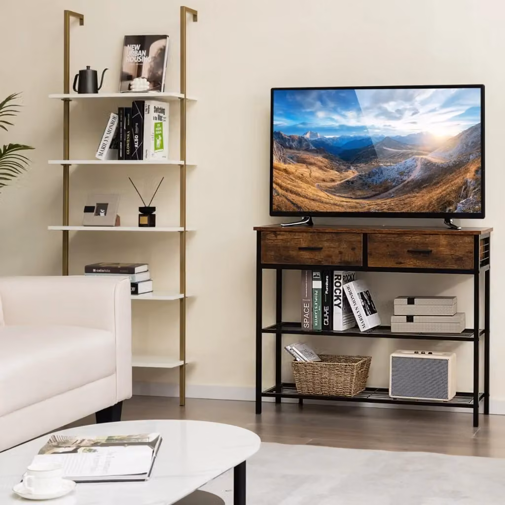 Tavolo consolle industriale DESIGN IN in legno e metallo marrone con 2 cassetti e 2 ripiani, Larghezza: 100 cm – 2