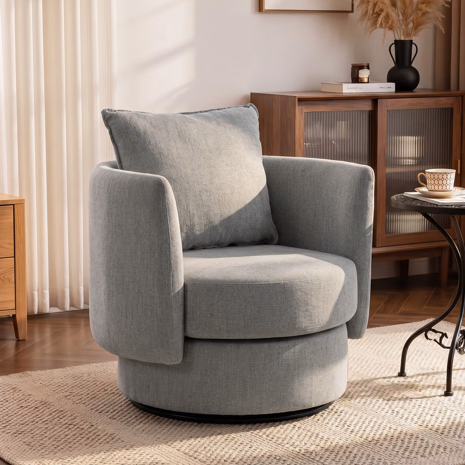 Poltrona d'accento girevole 360° HOMCOM in tessuto grigio con braccioli e design moderno per soggiorno – 2