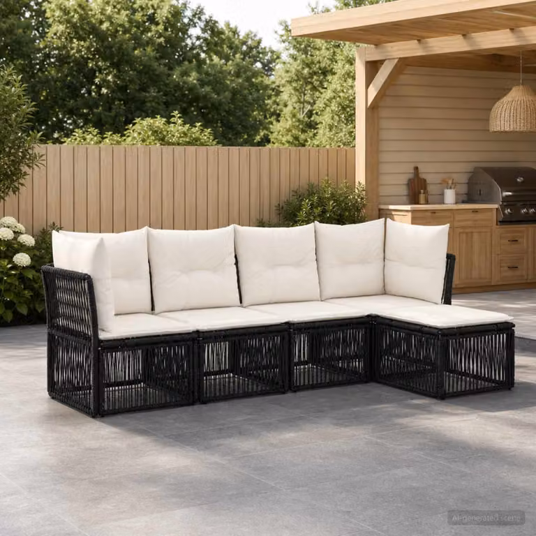Set Divano da Giardino vidaXL a L composto da 5 pezzi con Cuscini, Colore Nero e Bianco