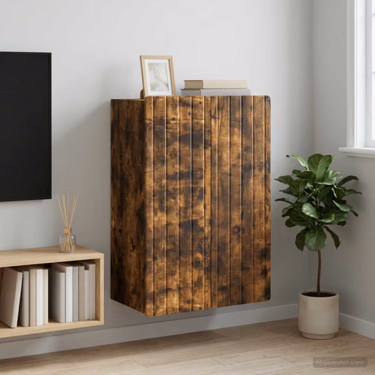 Mobiletto a muro moderno vidaXL in rovere fumo con ante a battente e ripiani interni, L: 66 cm, P: 34,5 cm, H: 92 cm
