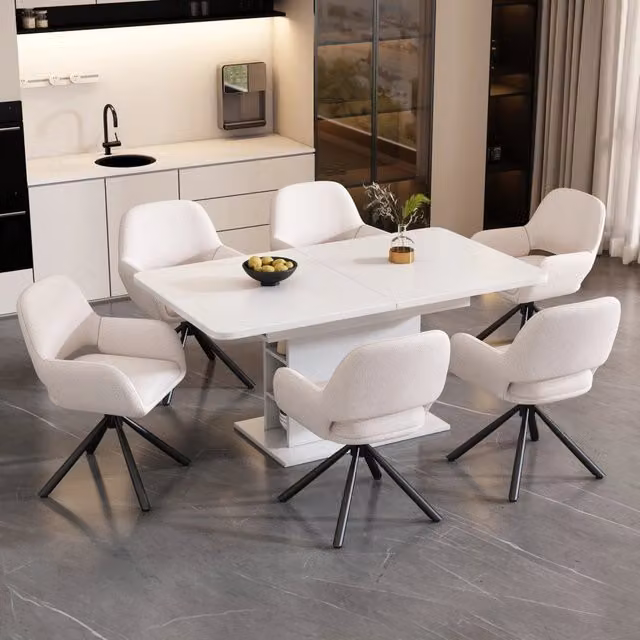 Set di 6 Sedie Girevoli da Pranzo in Tessuto Sherpa Bianco con Braccioli, Design Moderno e Semplice