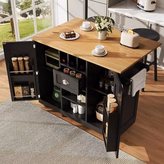 Isola cucina con piano - Xylo - nero porta-bottiglie ruote