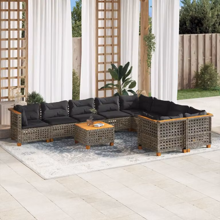 Set Divano da Giardino vidaXL 10 pz a forma a U in Polyrattan Grigio con Cuscini e Tavolino
