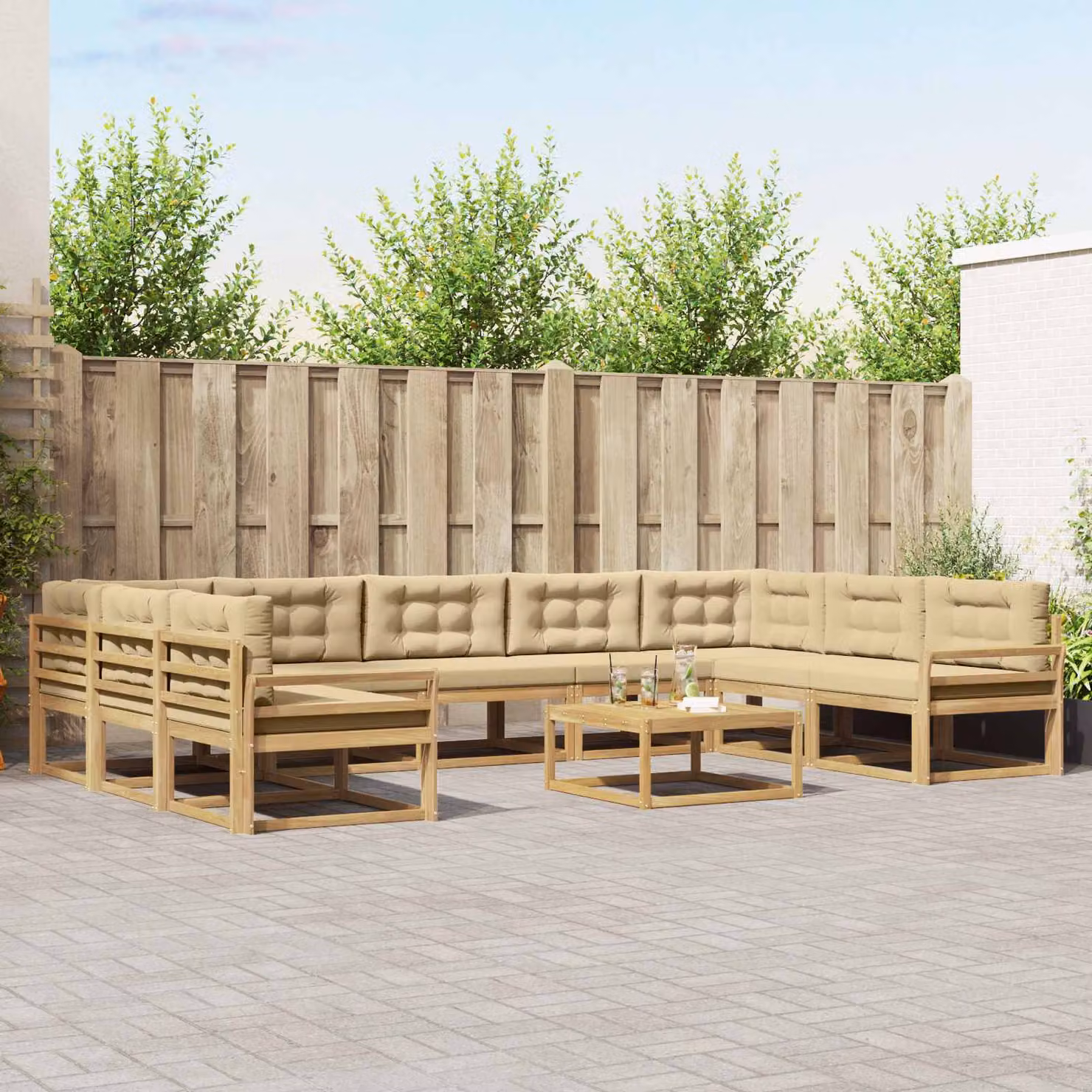 vidaXL Set di divani da esterno componibile a L con tavolino da caffè, 10 pezzi, Bianco e Beige, in legno di acacia con cuscini inclusi