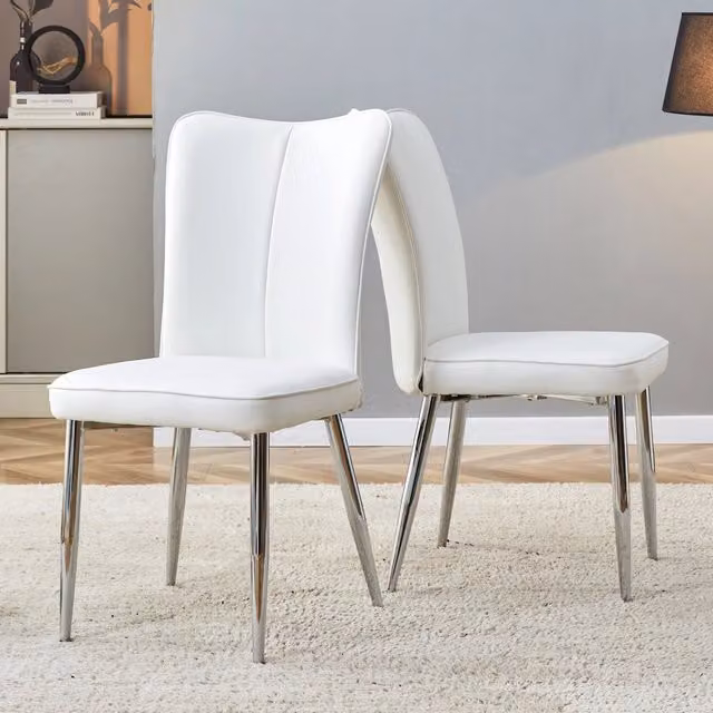 Set di 2 sedie da pranzo OKWISH con schienale ergonomico imbottito in ecopelle, piedini regolabili, colore bianco e argento