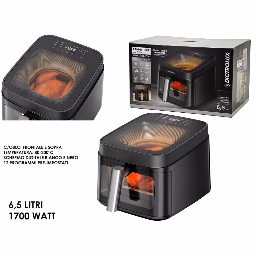 Friggitrice ad aria Trade Shop Traesio con doppia finestra oblò in vetro temperato, 6,5 Lt, 1700W, 12 programmi e display digitale, disponibile in bianco o nero – 2