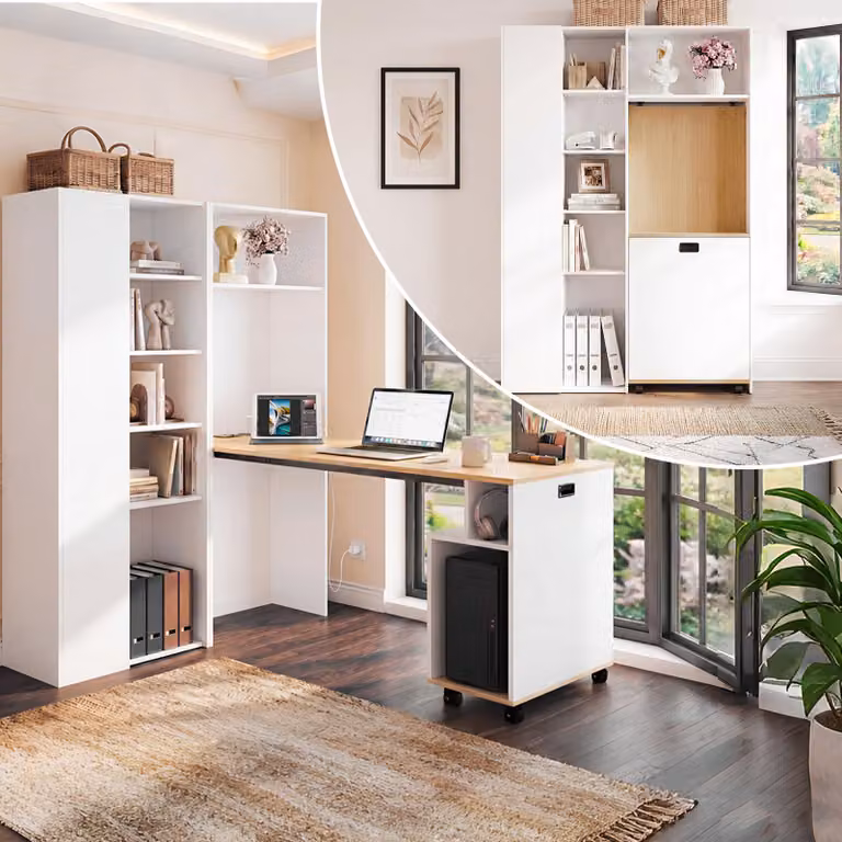 Scrivania pieghevole Merax con ripiano, libreria e scrivania per computer 2 in 1, con presa di corrente, USB, ripiani regolabili in altezza, 104,5×30,5×160 cm, bianco
