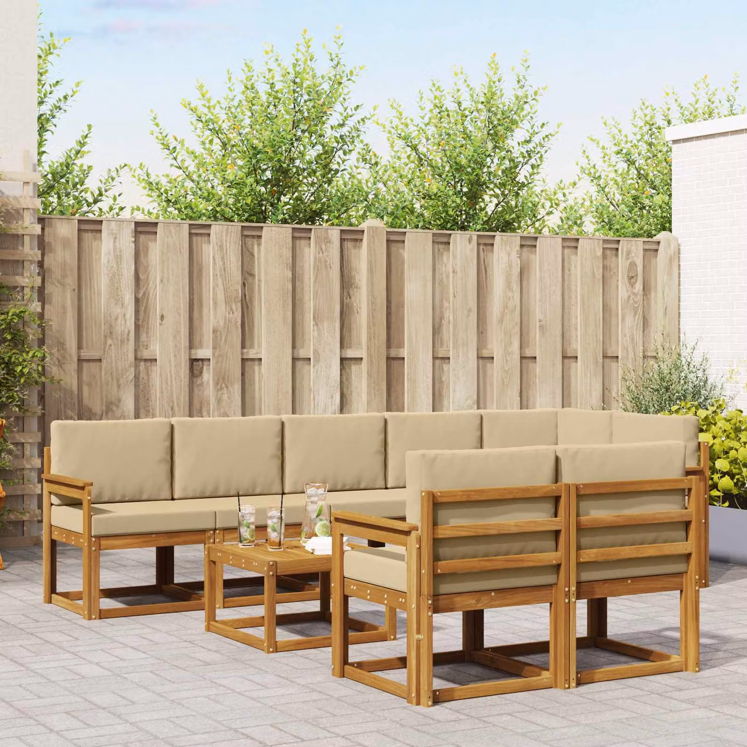 Set di divani da esterno vidaXL 9 pz in legno di acacia con tavolo da caffè e cuscini, Beige e Marrone