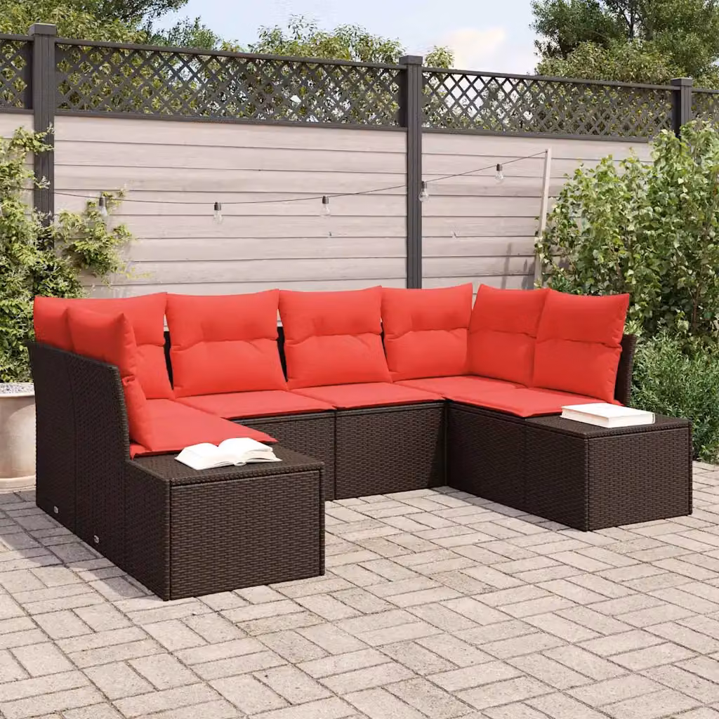Set Divano da Giardino vidaXL 6 pz a Forma a L in Polyrattan Marrone con Cuscini Rimovibili e Struttura in Metallo Verniciato a Polvere