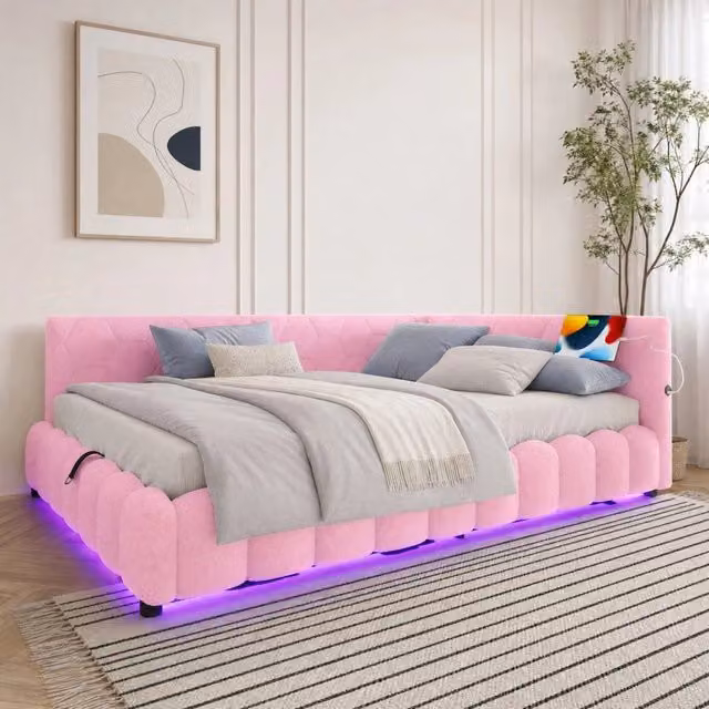 Letto Mivray con contenitore idraulico e rete a doghe, colore rosa, dotato di illuminazione LED multicolore e porte di ricarica USB e Type-C, L/P/H: 140 x 200 x 73 cm