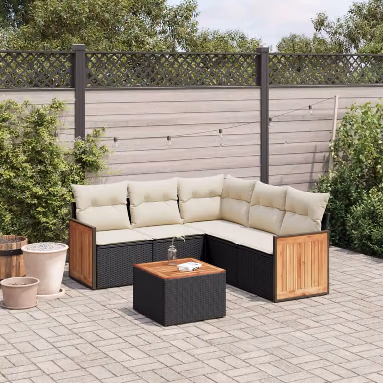 Set Divano da Giardino vidaXL 6 pz in Polyrattan Nero con Cuscini e Tavolino da Caffè L-Shape
