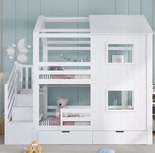 Letto a castello per bambini 90x200 cm con scala contenitore; cassetto su ruote; legno massello e MDF bianco
